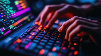 Closeup of hands on a keyboard, surrounded by transparent digital UI elements and coding scripts.