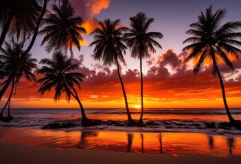 Fototapeta na wymiar vibrant sunset silhouette lush palm trees colorful beach horizon, ocean, sky, clouds, dusk, tropical, landscape, scenery, hue, radiance, coast, shore