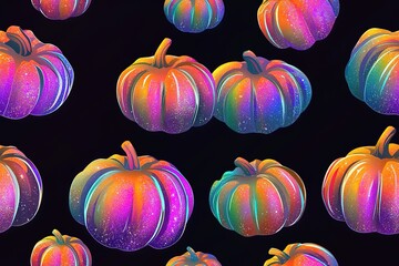 A seamless pattern of pumpkins in vibrant rainbow colors, glowing with an otherworldly light against a black background