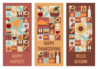 Set of festive vertical banners Happy Thanksgiving , Happy Harvest and Hallo Autumn. Templates for greeting card or invitation in abstract modern geometric style. Vector illustration