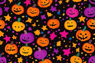 Pumpkins and stars, neon colors on a black background pattern. High quality