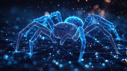 A detailed digital spider resides on a luminous blue network of interconnected lines, radiating an aura of modern technology and mystery, symbolizing the digital web.