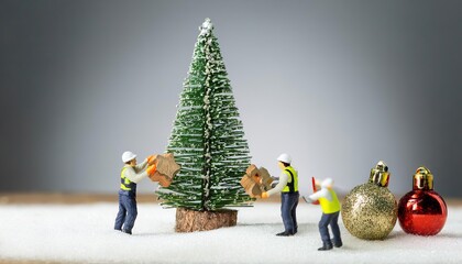 Miniature workers decorating christmas tree