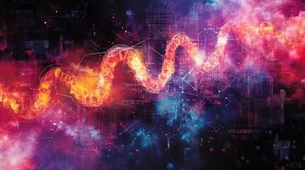 Abstract digital artwork featuring a glowing, wavy shape against a background of nebula-like clouds and tech elements.