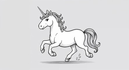 Fototapeta premium Hand drawing clipart of a unicorn prancing happily on plain white background