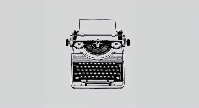 Hand drawing clipart of a typewriter on desk on plain white background