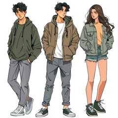 Street fashion look. Couples in love dressed in stylish trendy oversized clothing. Boys and girls. Korean japanese asian. Comic cartoon style. Manga anime. Hand drawn vector set of three illustrations