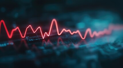 Fototapeta premium Cyan lines on an ECG monitor pulse softly, representing the comfort of a healthy heartbeat.