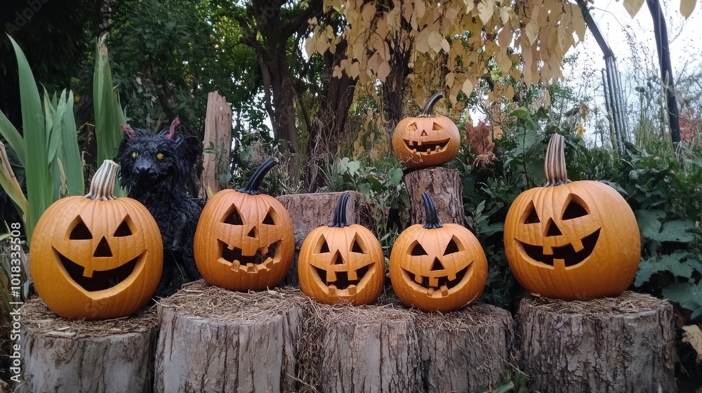 Poster Halloween pumpkins decoration at a garden festival