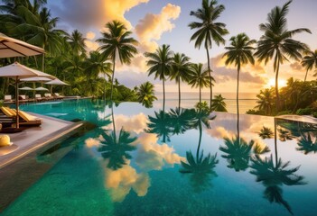gorgeous resort infinity pool surrounded lush tropical landscape serenity vibes inviting ambiance, luxury, modern, architecture, relaxing, view, blue