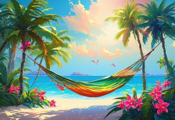 vibrant tropical landscape displaying lush colorful clear blue sandy palm relaxing bright sunshine perfect vacation exploration, beach, sunset, ocean