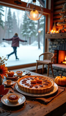 A young girl skates outside the window, at a server table with pumpkin pie and other fall foods. 