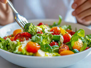 Close up of vegetable salad serving in restaurant, customer eating healthy food from bowl