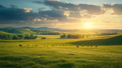 Fototapeta premium A herd of cows grazing in a lush green meadow at sunset with rolling hills and a clear blue sky.