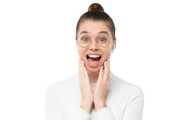 Close-up of shocked woman shouting WOW with open mouth, surprised by low prices