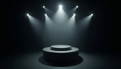 Illuminated Floating Podium in a Dark Room with Spotlights