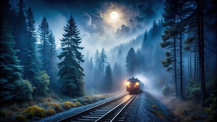 Mysterious forest with a train in foggy night scenery