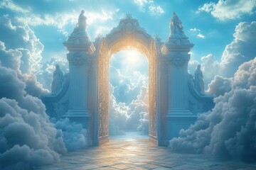 heavenly depiction of the pearly gates floating above soft white clouds illuminated by divine light creating an ethereal and serene atmosphere that evokes a sense of peace