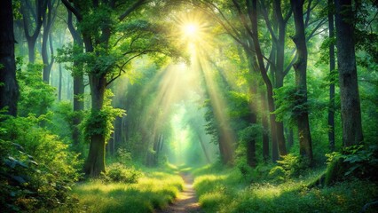 Obraz premium Mysterious forest with lush greenery and sunlight breaking through in impressionist art style perfect for art and nature enthusiasts