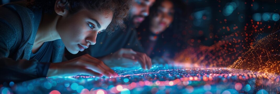 A woman with flowing red hair swims underwater in a dark, blue pool, surrounded by glowing, ethereal lights