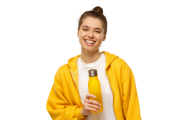 Young woman in bright yellow hoodie holding reusable eco water bottle
