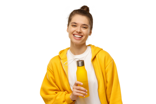 Young woman in bright yellow hoodie holding reusable eco water bottle