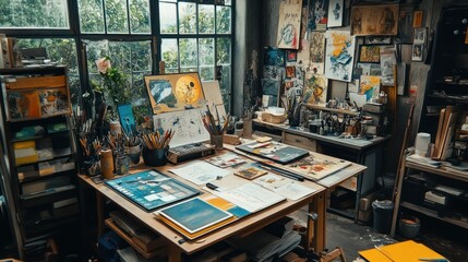 A cluttered art studio with a wooden table covered in art supplies, including paintbrushes, pencils, and drawings. The walls are decorated with artwork and posters.