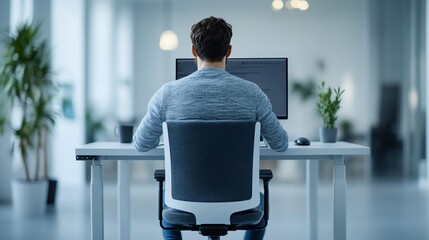 Person adjusting their sitting posture with a small device on their desk, futuristic workplace, office syndrome, smart office solutions