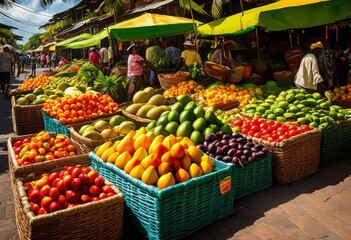 vibrant tropical marketplace filled fresh local produce displaying colorful fruits vegetables under bright sunlight, artisanal, baskets, botanical