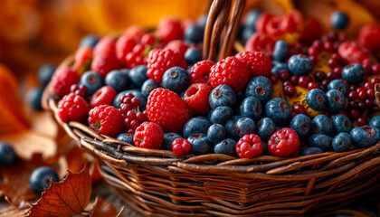 Berries in a wattled basket. Mix of strawberries, blueberries, raspberries and blackberries. Ripe berries. Warm colors