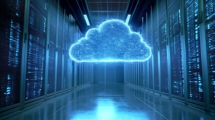 Cloud computing in a high-tech data center with virtual data streams, showcasing secure network infrastructure and cloud technology.