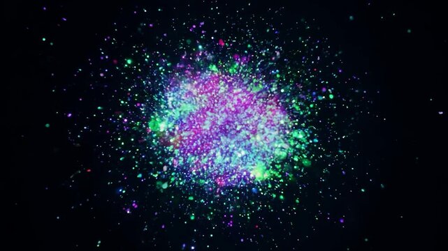 Multicolored glitter bomb explodes, creating a vibrant cloud of glitter particles against a black background. The dynamic burst scatters shiny confetti, adding a festive touch
