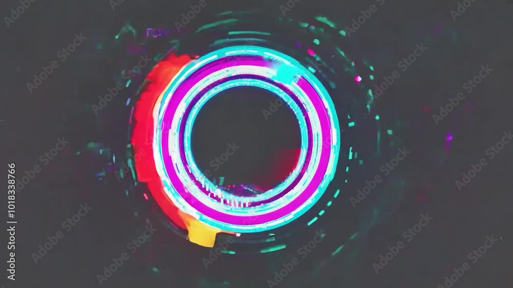 Poster glowing circles distort while rotating, creating a captivating technological animation against a dar