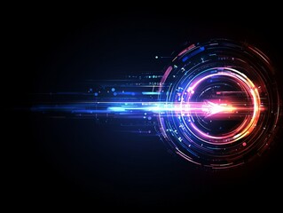 Abstract digital art featuring vibrant light trails, circular patterns, and glowing elements against a dark background.