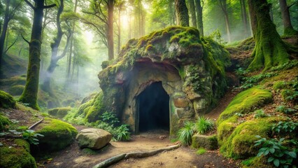 Mysterious misty cave entrance surrounded by forest trees