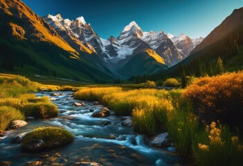 Fototapeta premium breathtaking natural landscapes valleys evoking adventurous spirit idyllic untouched settings, nature, mountain, river, forest, glacier, cloud, sky, sunset