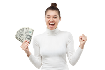 Young girl feeling happy and excited about winning cash in lottery, holding fan of 100 dollars, clenching fist and shouting with joy