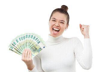 Excited happy young woman holding lots of money, fan of hundred euro banknotes in cash, shouting ot...