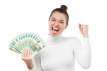 Excited happy young woman holding lots of money, fan of hundred euro banknotes in cash, shouting ot loud. Lottery winner concept.