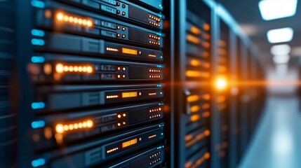 A modern server room featuring sleek technology and bright LED indicators. This image captures the intricate details of data storage and network equipment.
