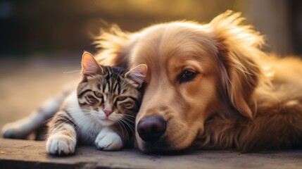 close-up of the friendship of a cat and a dog