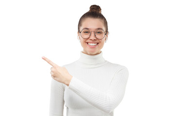 Horizontal banner of girl in eyeglasses and white sweater, smiling to camera, pointing to copy...