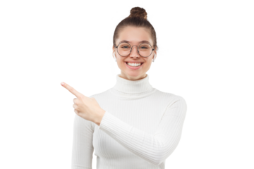 Horizontal banner of girl in eyeglasses and white sweater, smiling to camera, pointing to copy space on left side, isolated on gray background