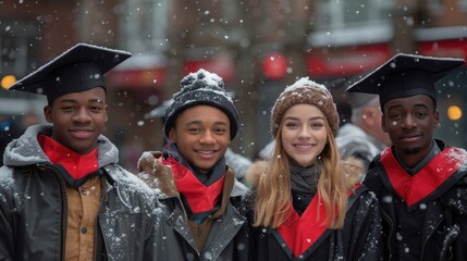 Obraz premium College students celebrating graduation in winter wonderland with snowy backdrop and joy