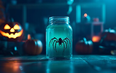 Spooky Halloween scene featuring a jar with a spider silhouette, surrounded by glowing pumpkins and a dark, eerie atmosphere.