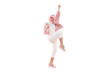 Full length portrait of energetic young woman wearing fur coat and colored glasses, jumping up at...