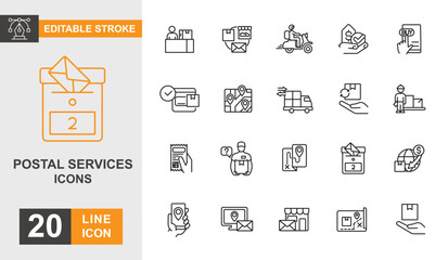 Postal service icon set. Mail, contact, document, feedback, sending and more line icon. Editable stroke icon.