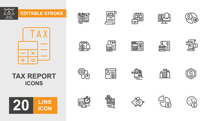 Tax report icon set. Financial, finance, document, accounting, balance, analysis and more line icon. Editable stroke icon.