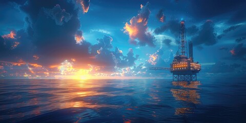 Obraz premium A tranquil sunset over an energy platform in calm waters reflecting vibrant colors