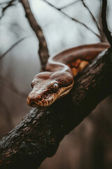 Brown boa constrictor on tree branch outdoors 